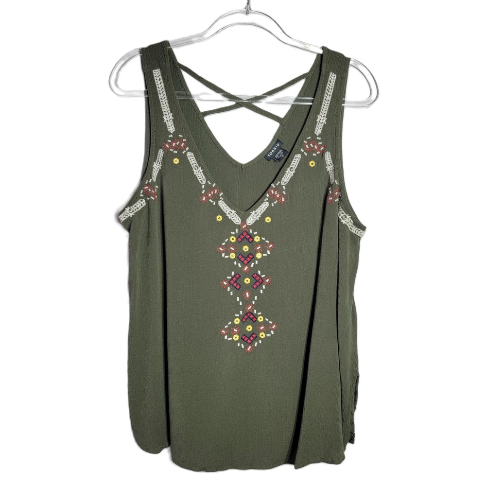 Torrid Olive Green Embroidered V Neck Criss Cross Back Tank Top Plus Size 2X